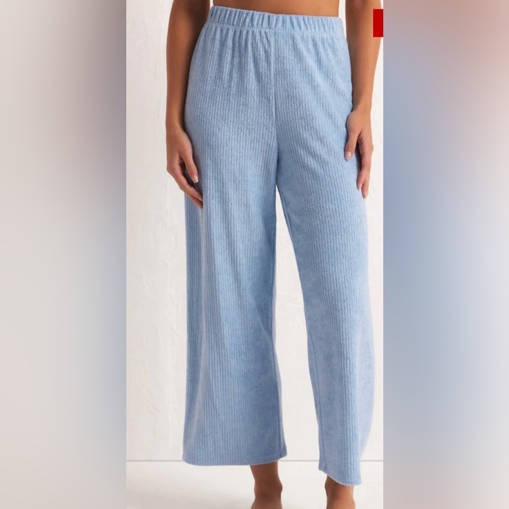 Z Supply Light Blue Ribbed French Terry Wide Leg Knit Pants. Elastic Waist. Soft